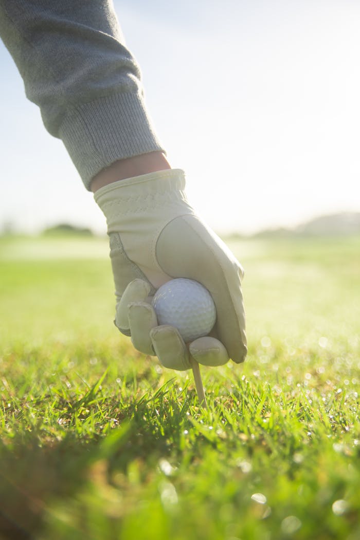 A gloved hand setting a golf ball on a tee in a sunny grassy field, perfect for sports enthusiasts.